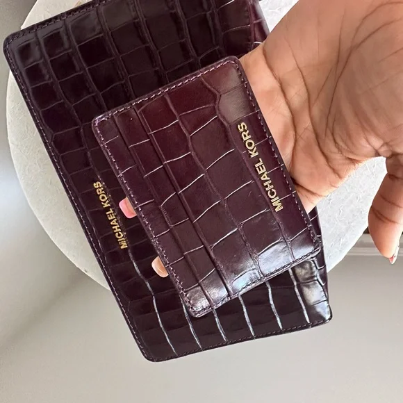 Michael Kors Crocodile Embossed Leather Crossbody or Clutch, Burgundy - Picture 7 of 8